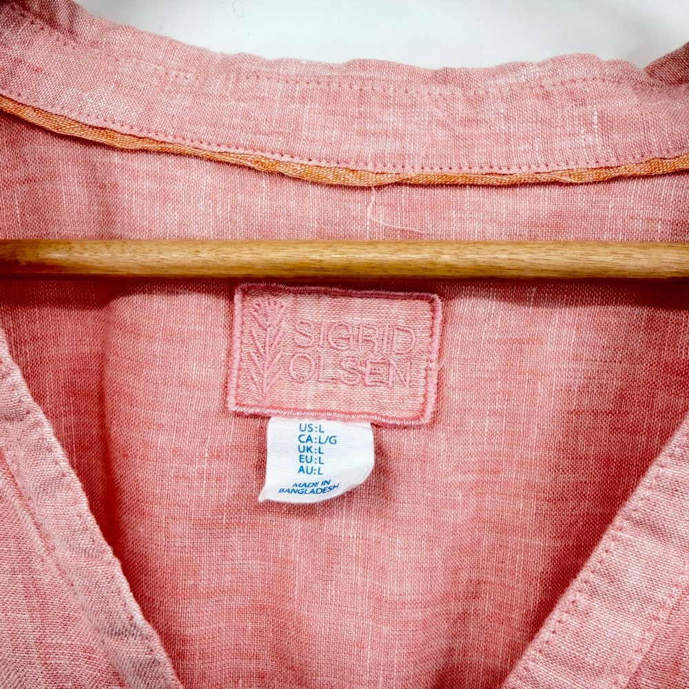 Sigrid Olsen Womens Large Coral Pink 100% Linen Button Down Shirt High Low Hem - Picture 3 of 9